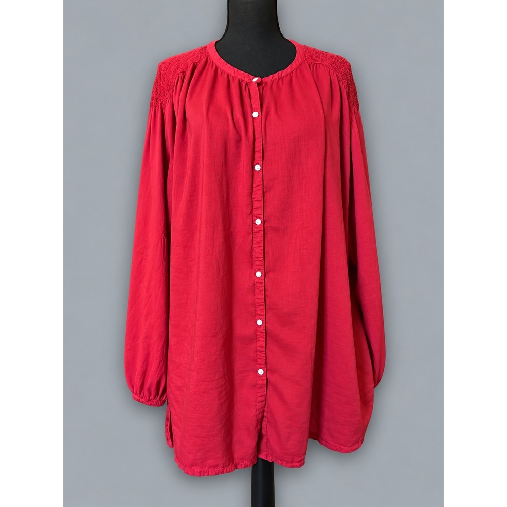 Old Navy Button Down Tunic Womens XXL Red Excellent Smocked Long Sleeve Top
